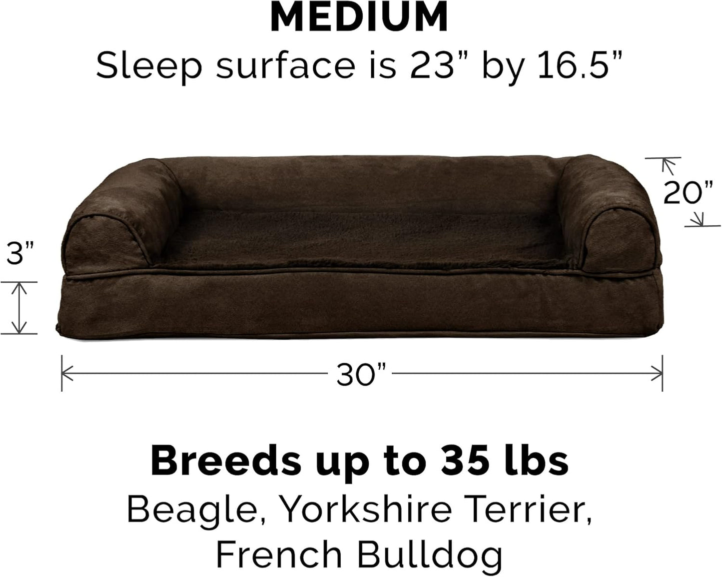 Cooling Gel Dog Bed w/ Removable Bolsters & Washable Cover, for Dogs up to 35 Lbs - Plush & Suede Sofa - Espresso, Medium