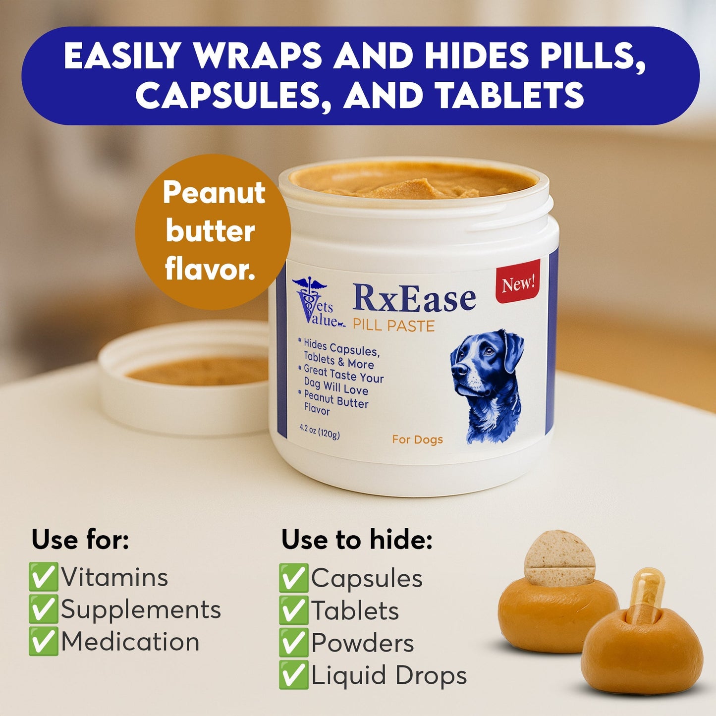 RxEase Pill Paste for Dogs – 4.2 oz Peanut Butter Flavor – Hides Capsules, Tablets & More – Easy-to-Mold Medication Treat for Dogs – Great-Tasting Dog Pill Wrap Paste