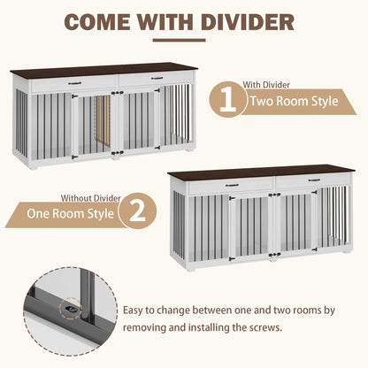 Large Double Dog Crate Furniture with Divider and 2 Drawers for 2 Dogs