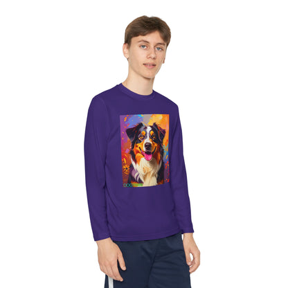 Pup Art Canvas - Kid's Sport Long Sleeve Tee (Australian Shepherd)