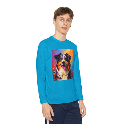 Pup Art Canvas - Kid's Sport Long Sleeve Tee (Australian Shepherd)
