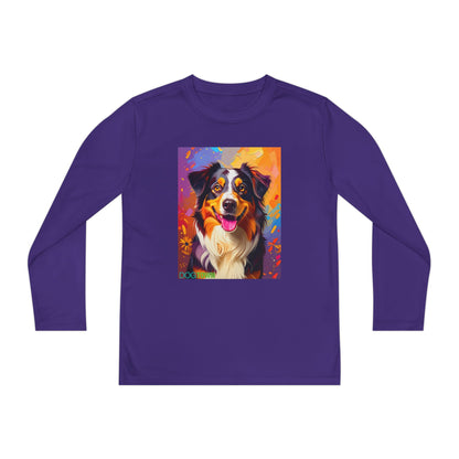 Pup Art Canvas - Kid's Sport Long Sleeve Tee (Australian Shepherd)