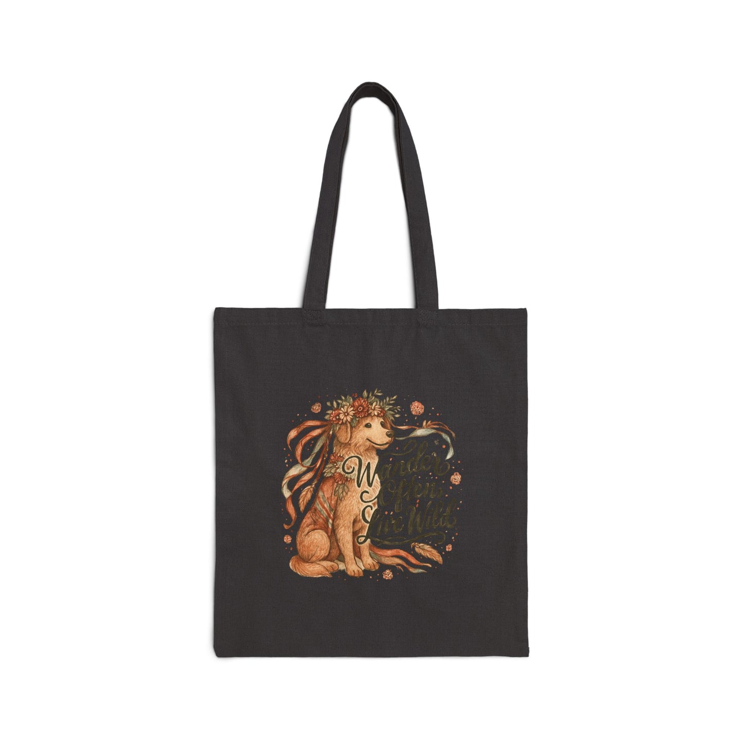 Dogtown Boho Revival "Wander Often, Live Wild" Cotton Canvas Tote Bag (Golden Retriever)