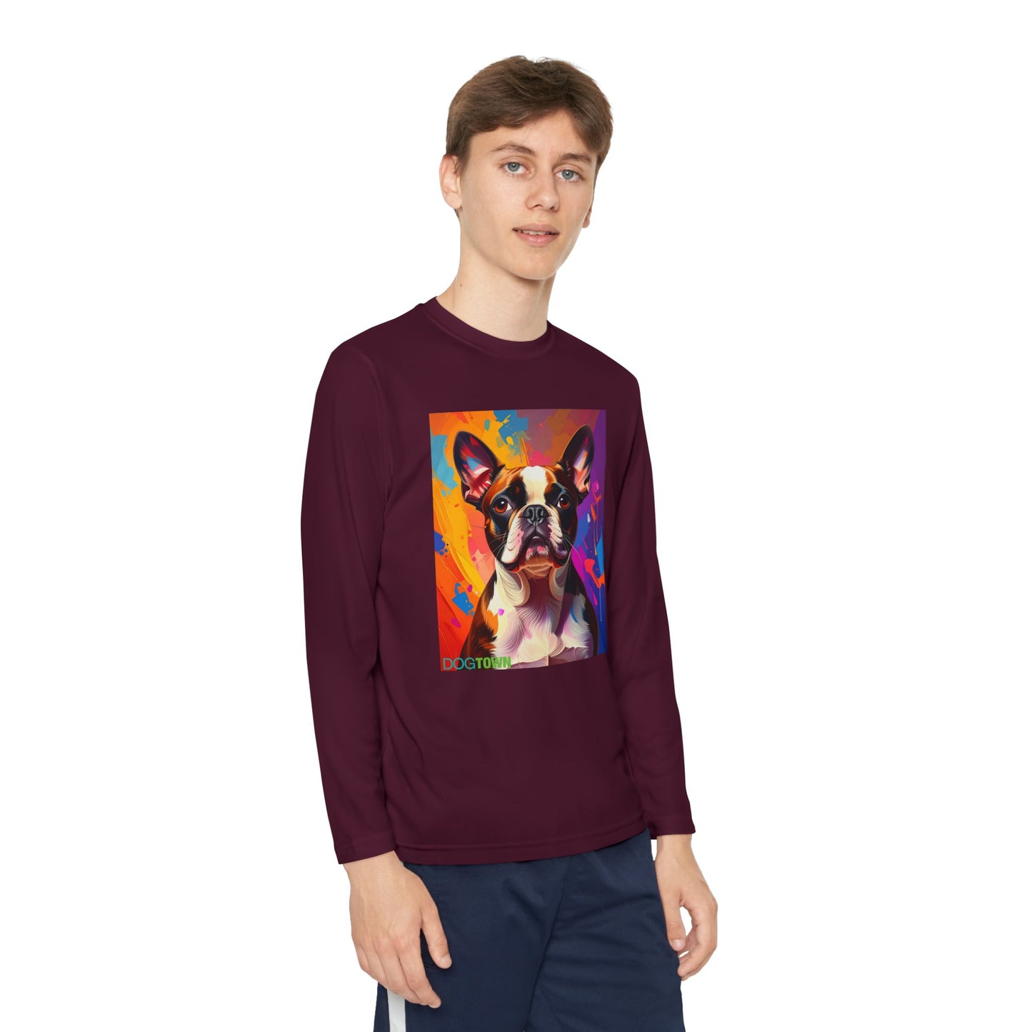 Pup Art Canvas - Kid's Sport Long Sleeve Tee (Boston Terrier)
