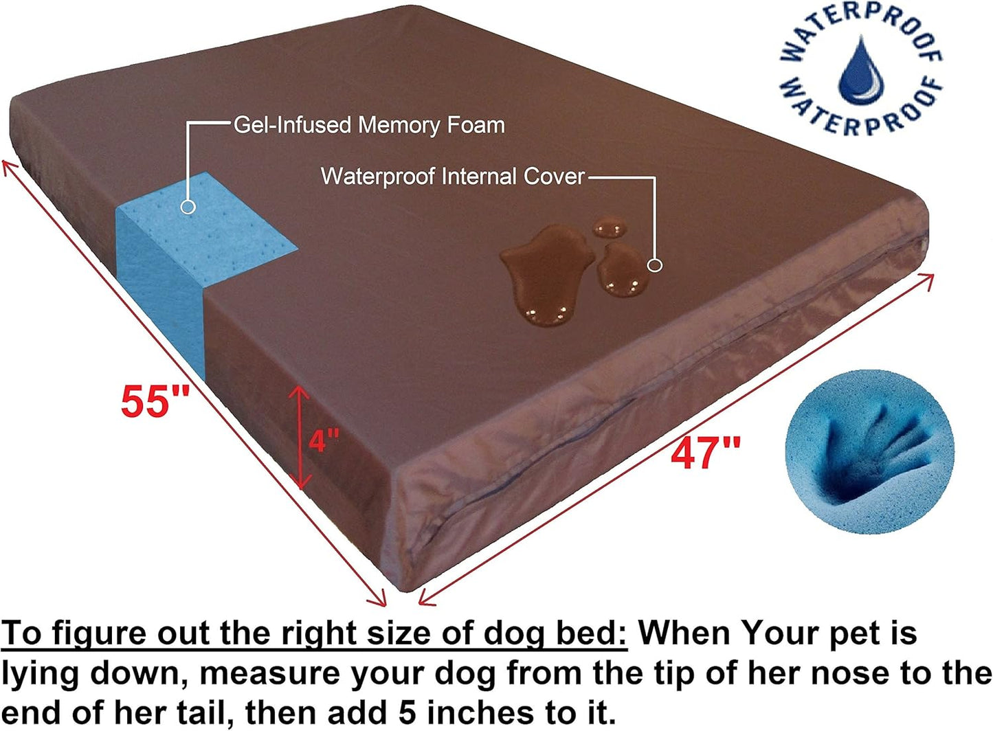 Waterproof Orthopedic Gel Memory Foam Pet Dog Bed (Microsuede Espresso, 55"X47"X4")