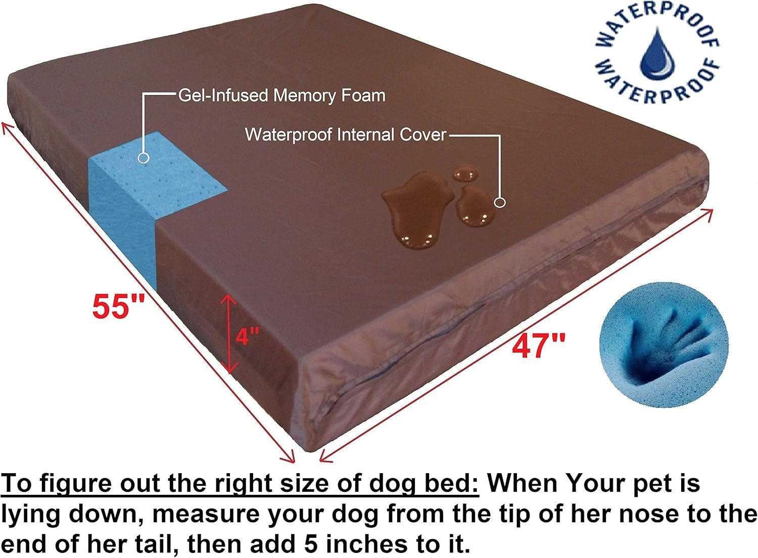 Waterproof Orthopedic Gel Memory Foam Pet Dog Bed (Microsuede Espresso, 55"X47"X4")