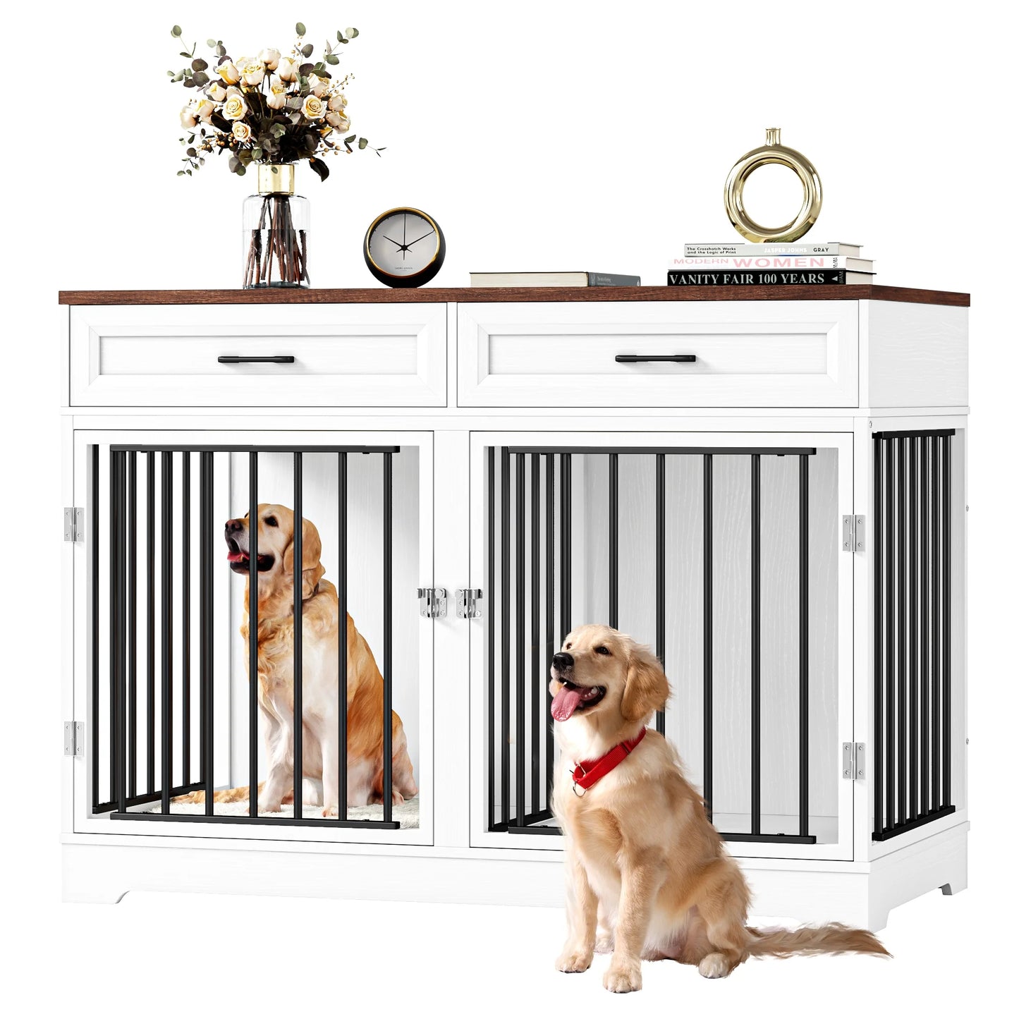 Dog Crate Furniture with 2 Drawers, 47.2 in Wooden Indoor Dog Cage Table with Divider, White