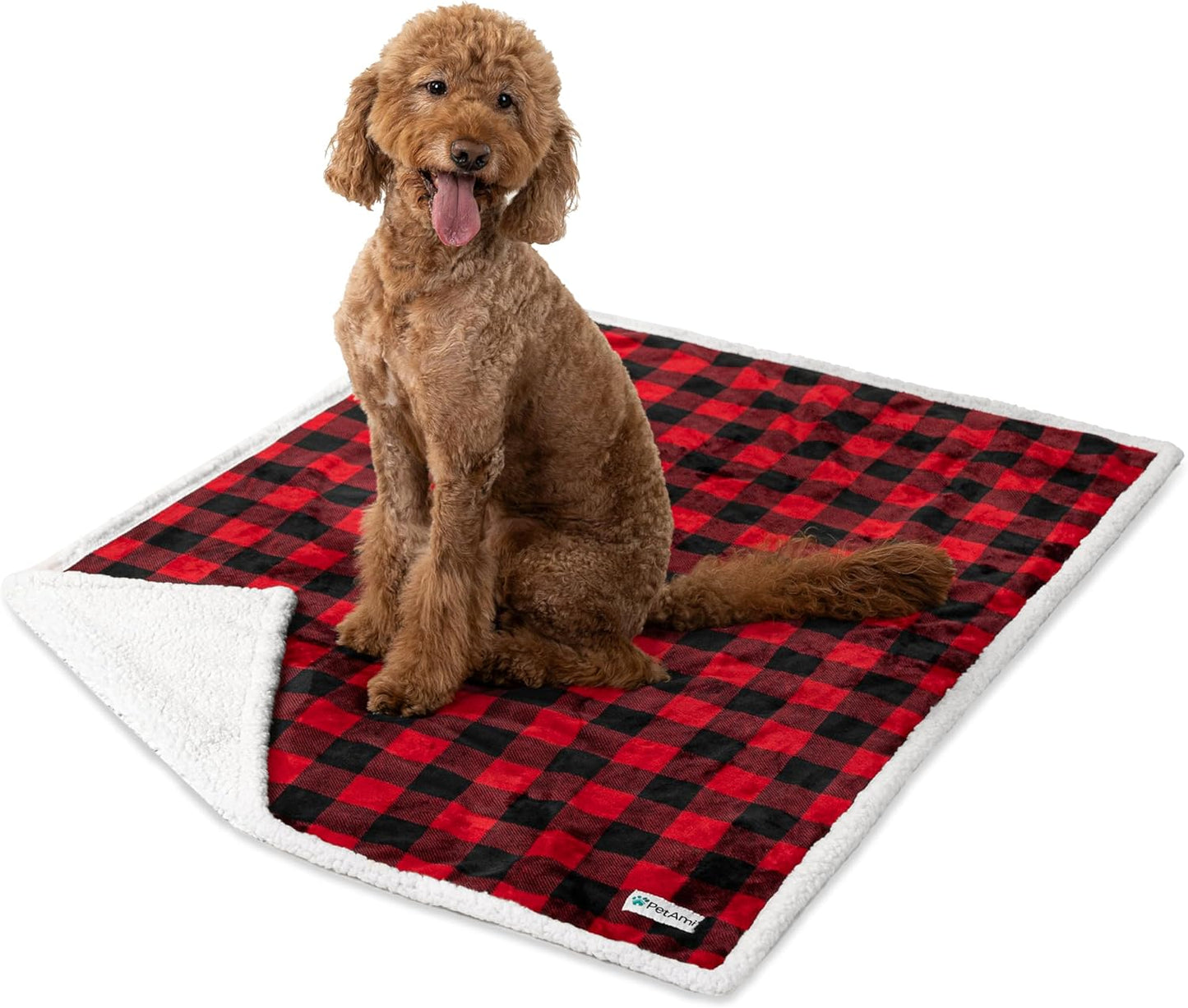 Waterproof Dog Blanket for Medium Large XL Dog Sherpa Fleece, Reversible Soft Washable 80X60 Checker Plaid Red