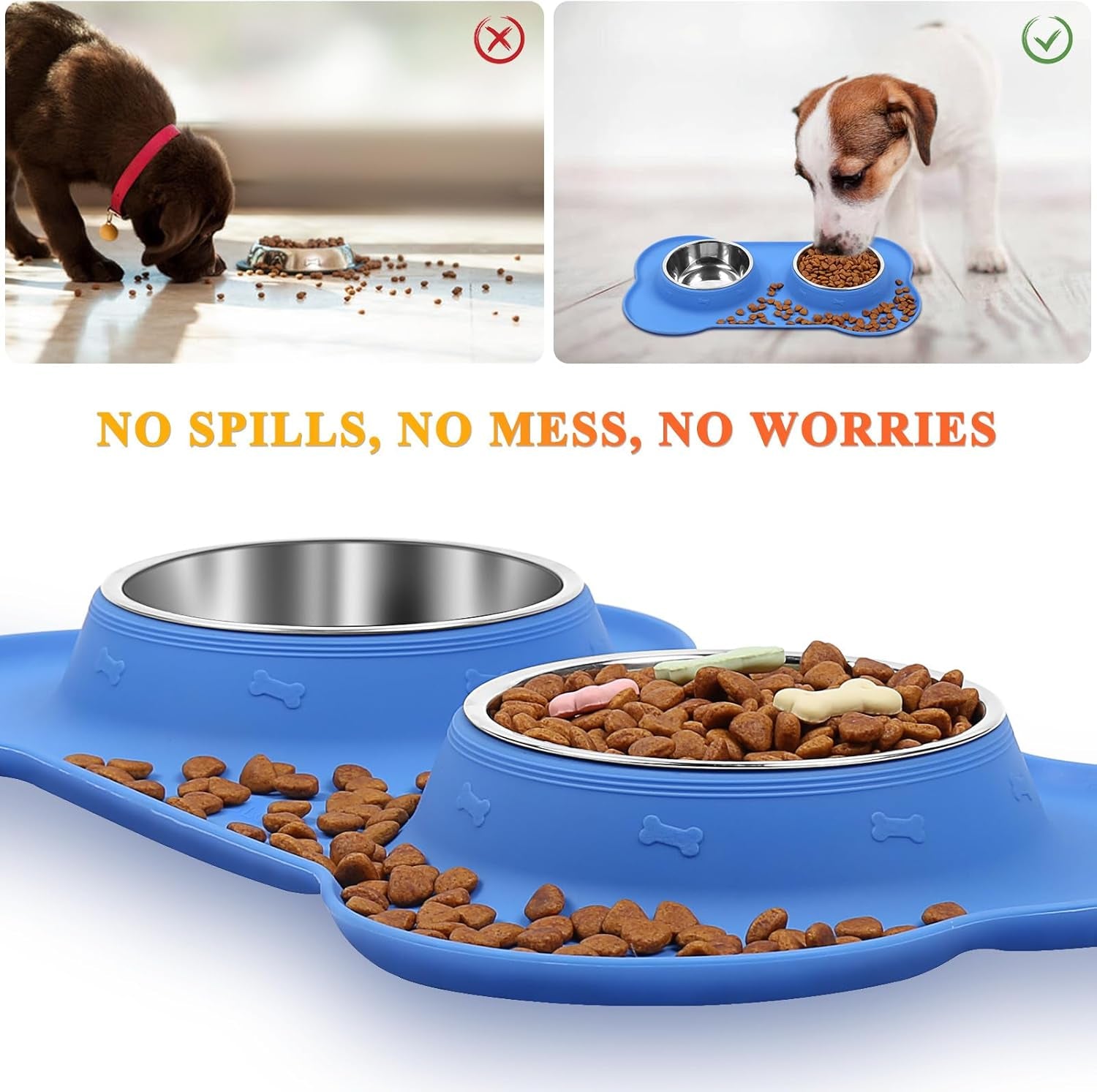 Dog Bowls with Non Spill Skid Resistant Silicone Mat
