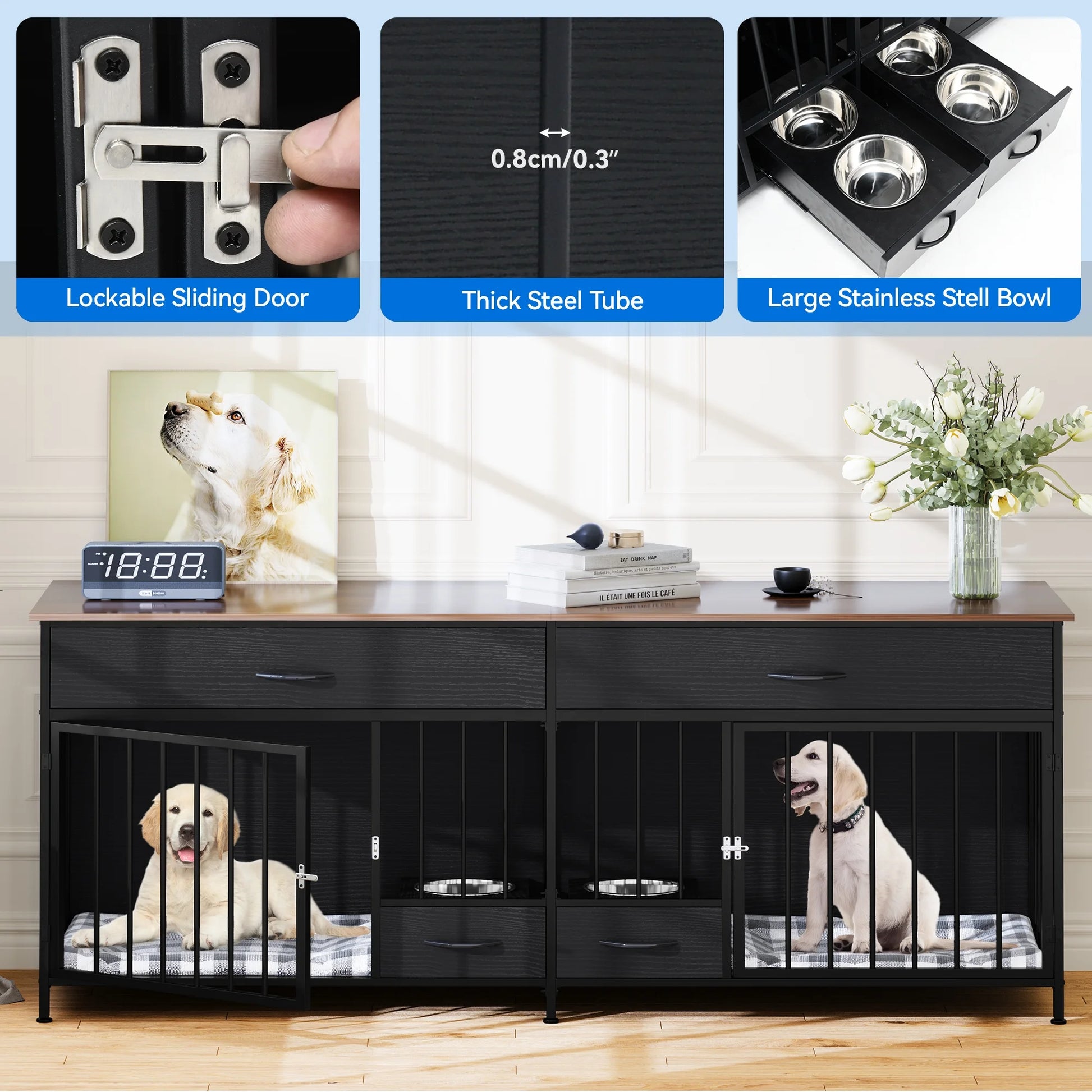 Double Dog Crate Furniture with Storage & Dog Feeder