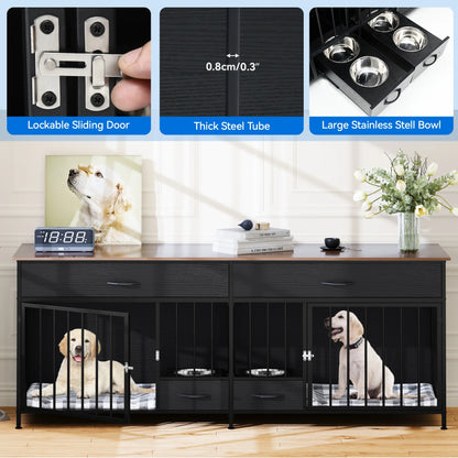 Double Dog Crate Furniture with Storage & Dog Feeder