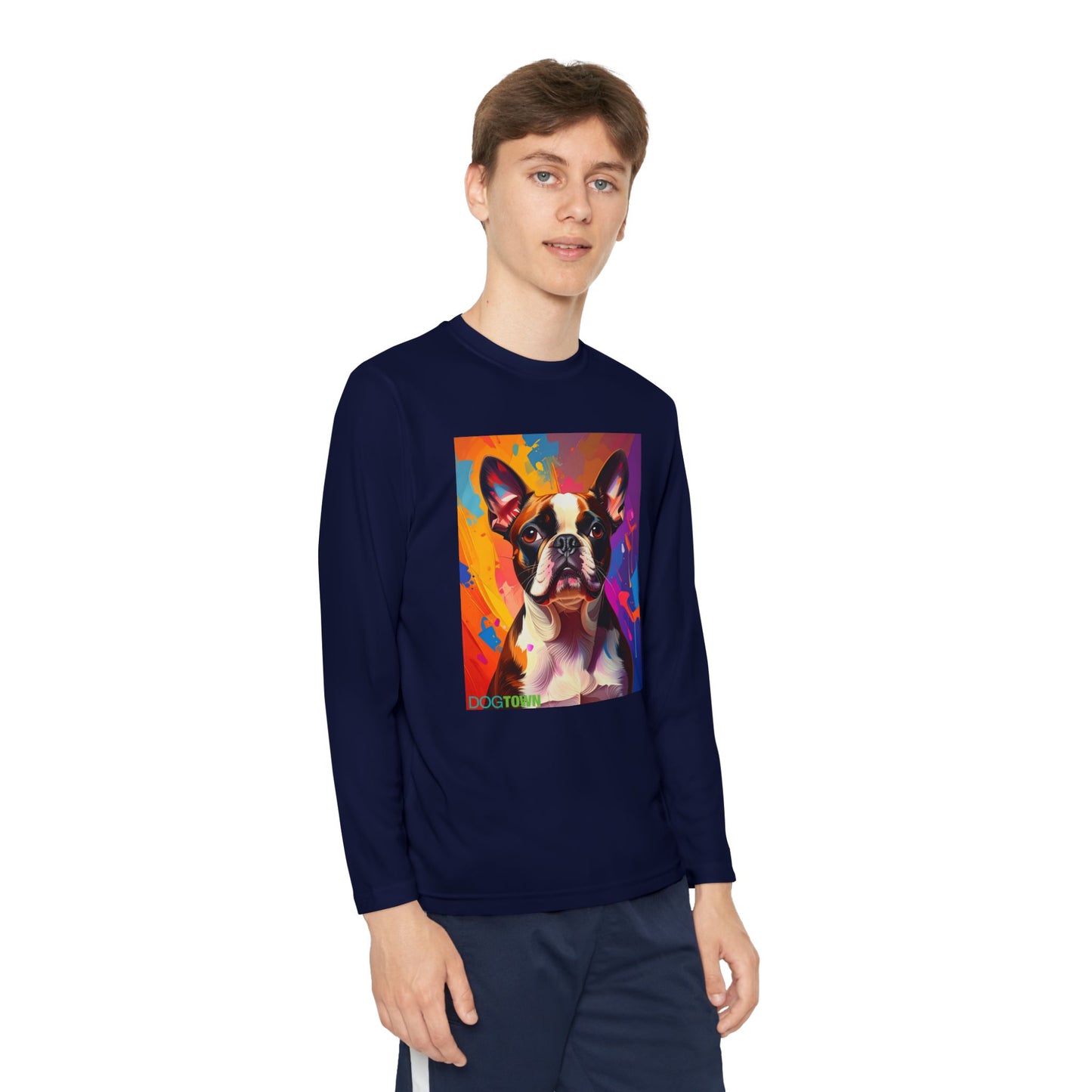 Pup Art Canvas - Kid's Sport Long Sleeve Tee (Boston Terrier)