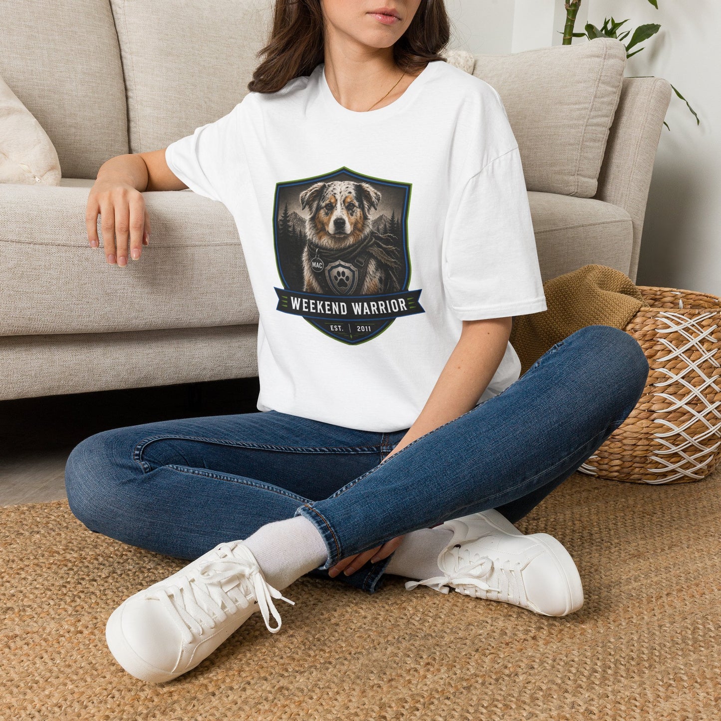 Weekend Warrior Dog T-Shirt — Australian Shepherd Badge Graphic