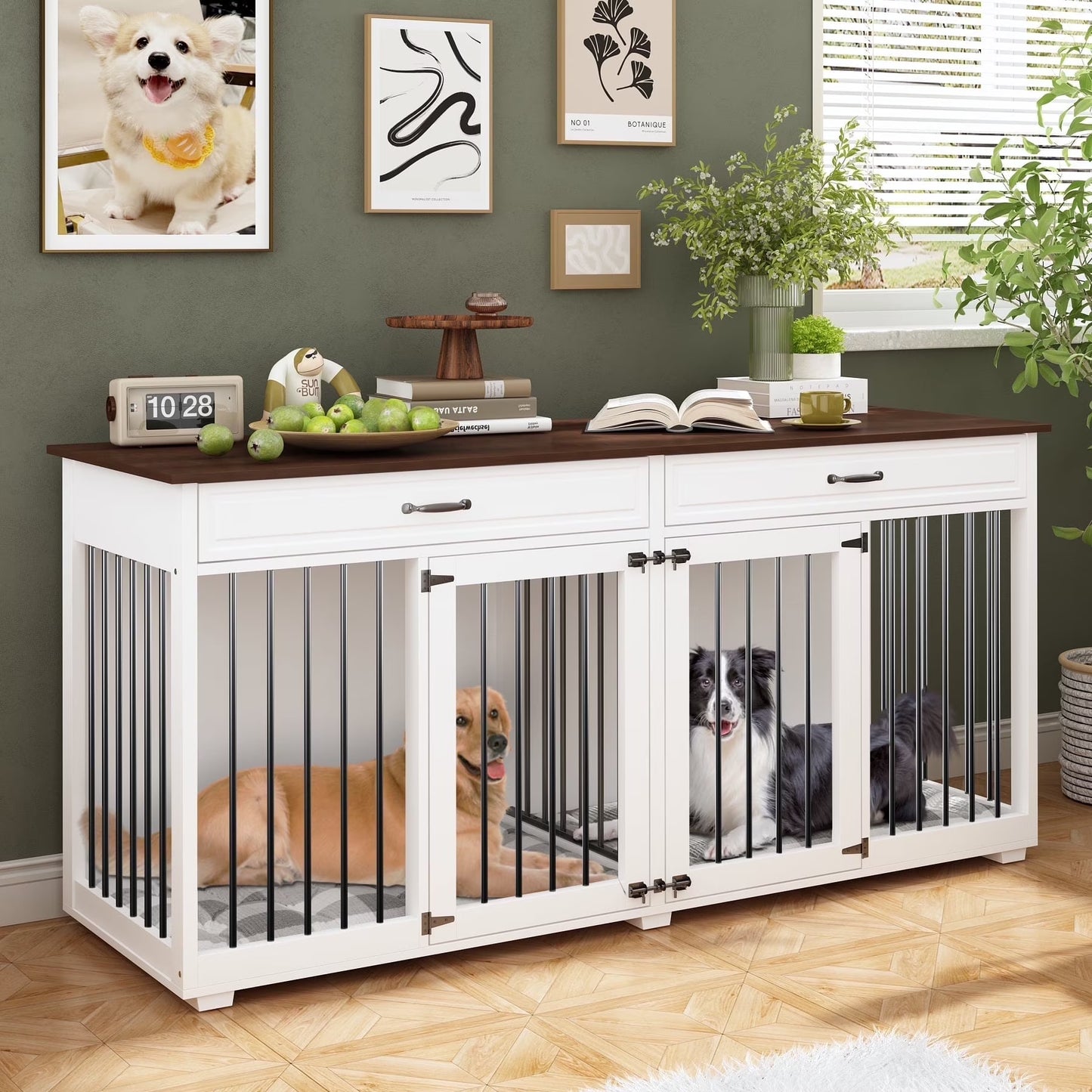 Large Double Dog Crate Furniture with Divider and 2 Drawers for 2 Dogs