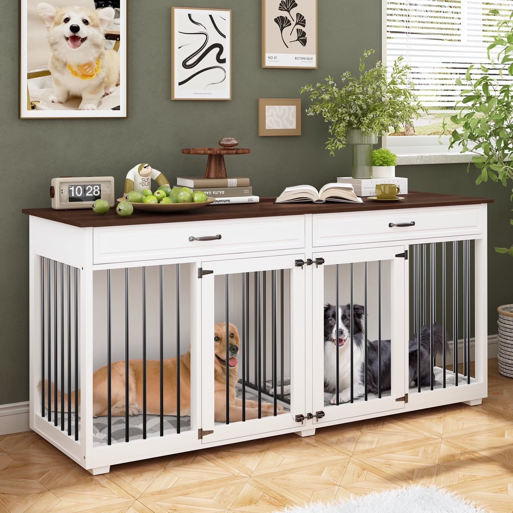 Large Double Dog Crate Furniture with Divider and 2 Drawers for 2 Dogs