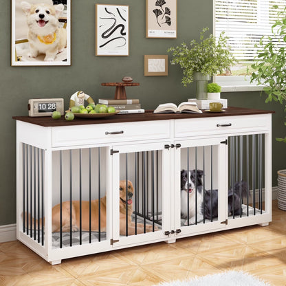 Large Double Dog Crate Furniture with Divider and 2 Drawers for 2 Dogs