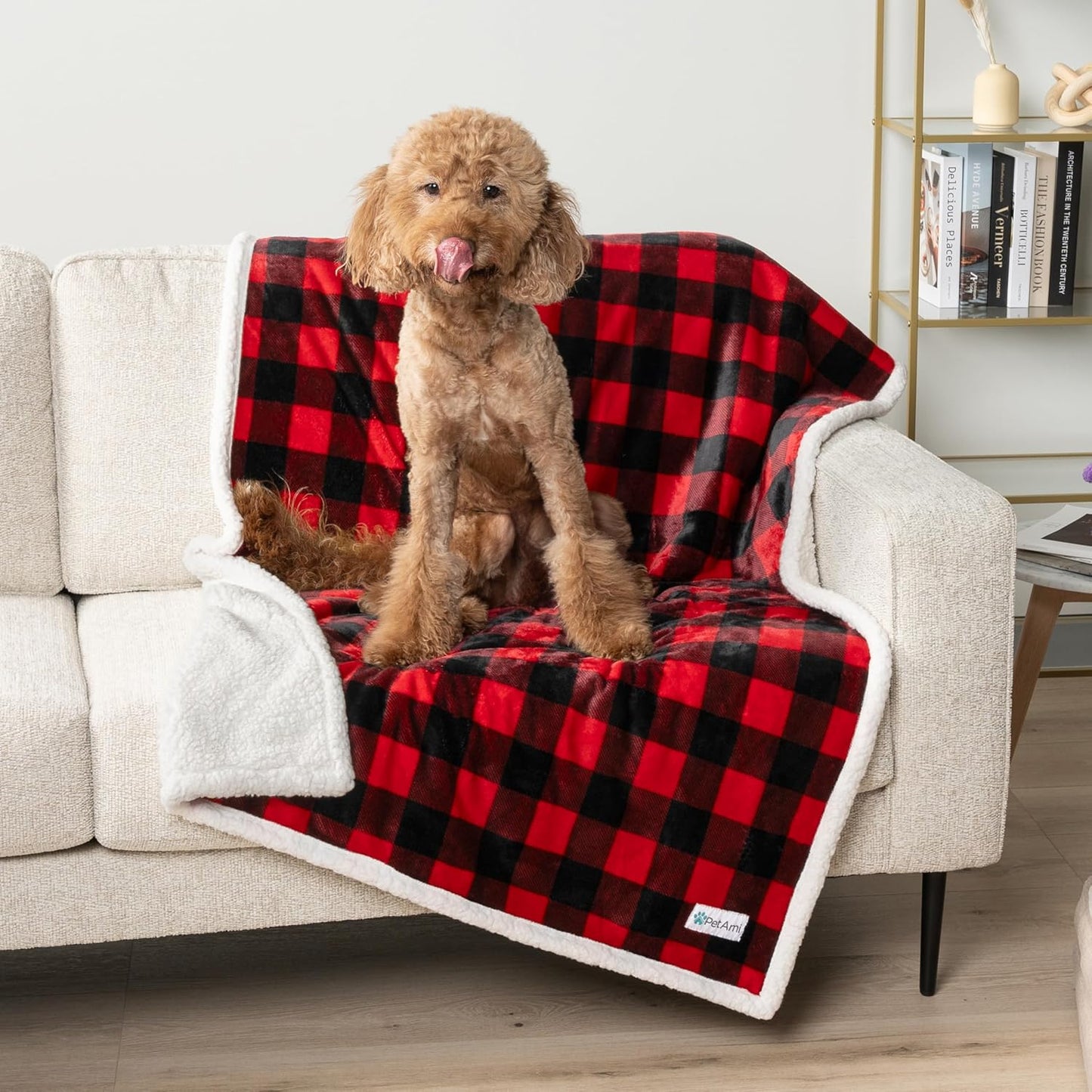Waterproof Dog Blanket for Medium Large XL Dog Sherpa Fleece, Reversible Soft Washable 80X60 Checker Plaid Red