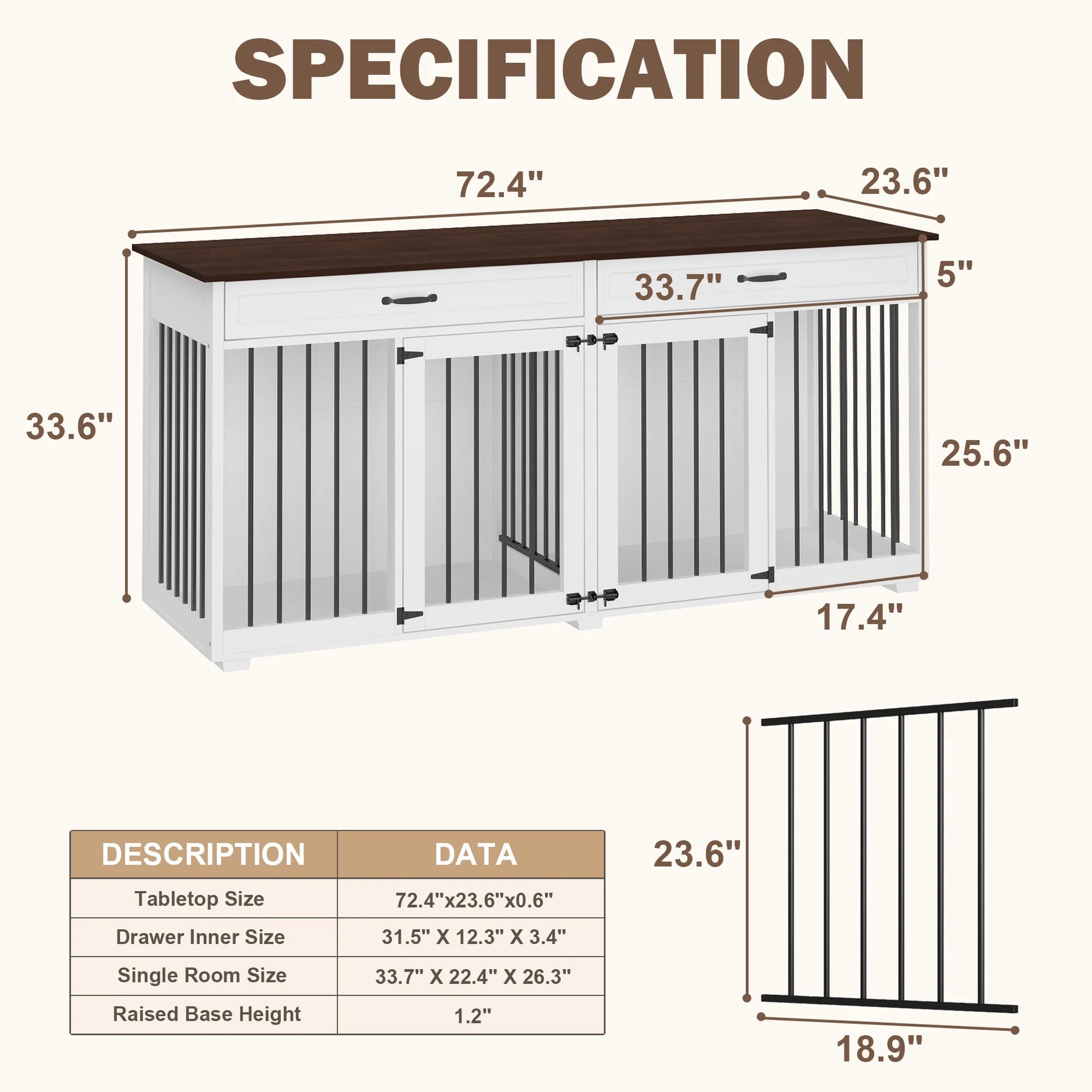 Large Double Dog Crate Furniture with Divider and 2 Drawers for 2 Dogs