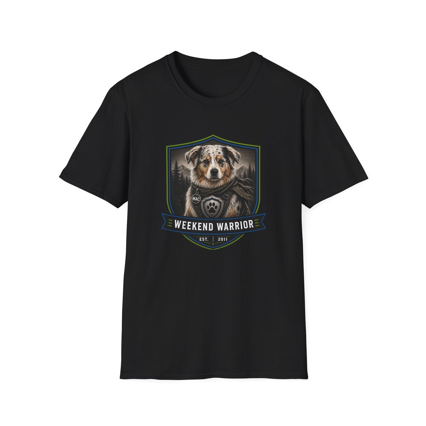 Weekend Warrior Dog T-Shirt — Australian Shepherd Badge Graphic