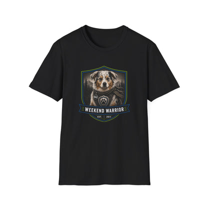 Weekend Warrior Dog T-Shirt — Australian Shepherd Badge Graphic