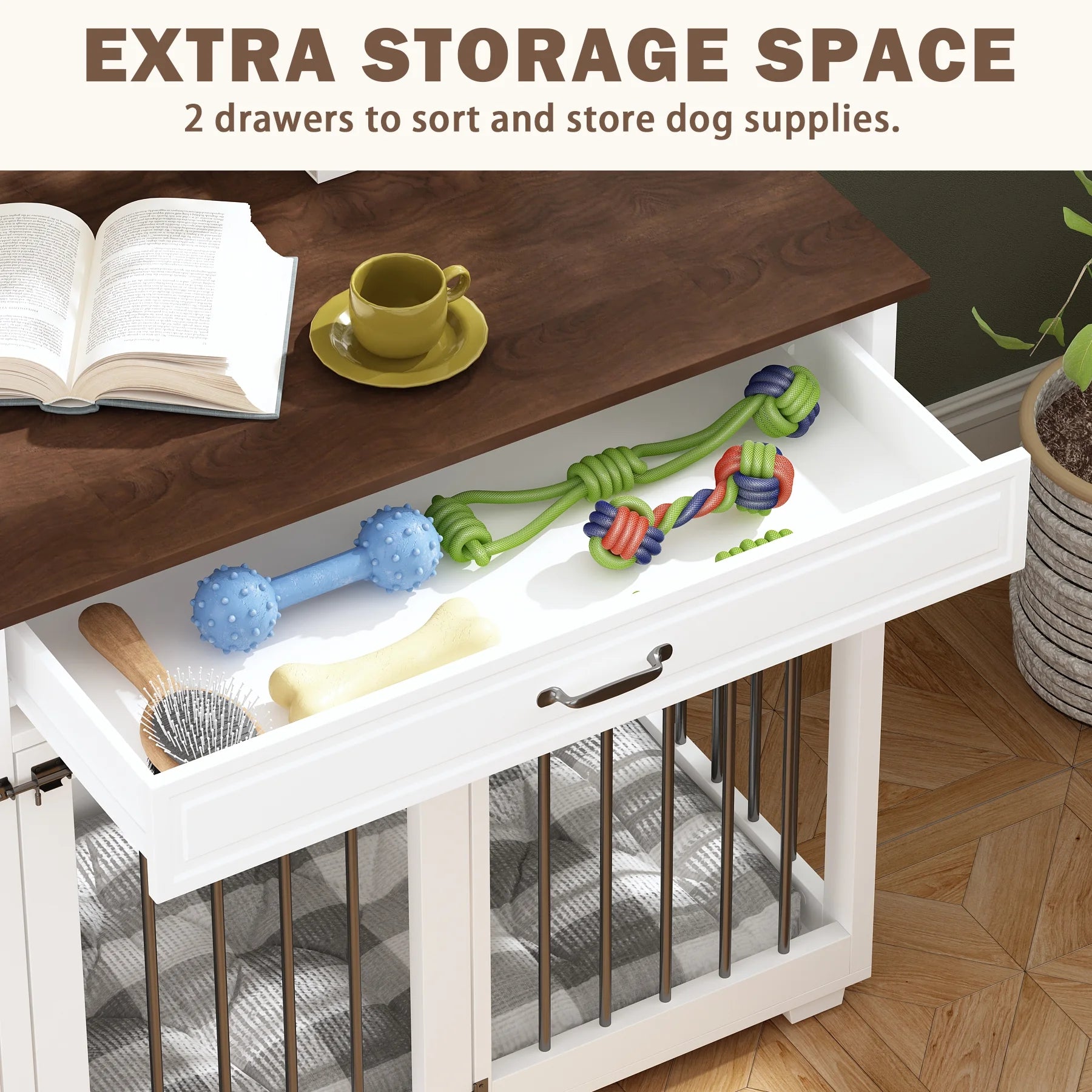 Large Double Dog Crate Furniture with Divider and 2 Drawers for 2 Dogs