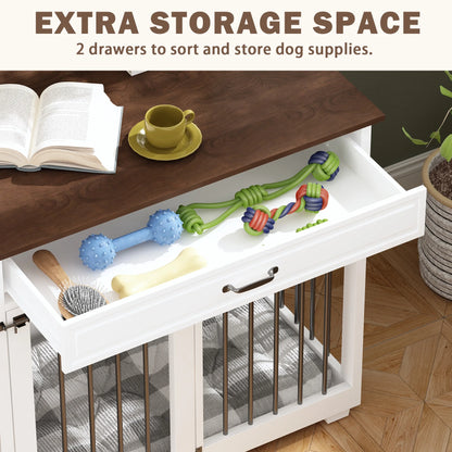 Large Double Dog Crate Furniture with Divider and 2 Drawers for 2 Dogs