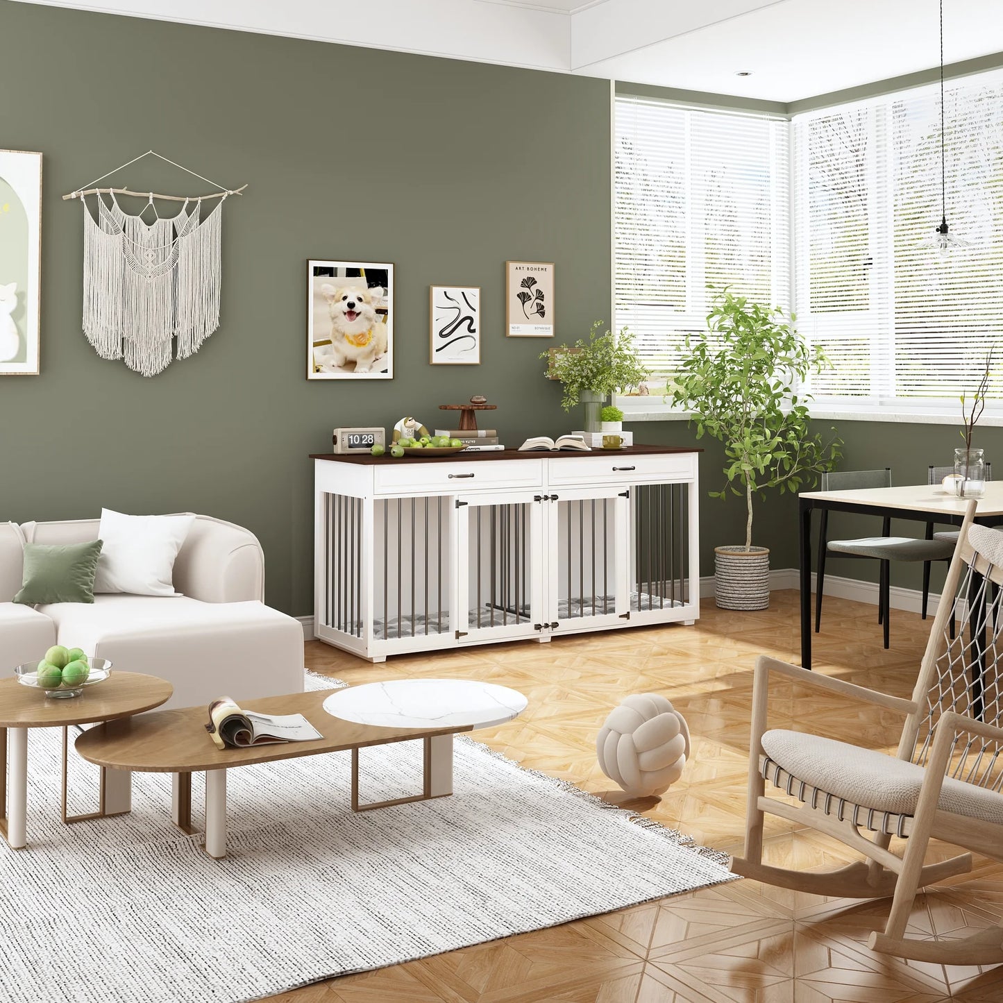 Large Double Dog Crate Furniture with Divider and 2 Drawers for 2 Dogs