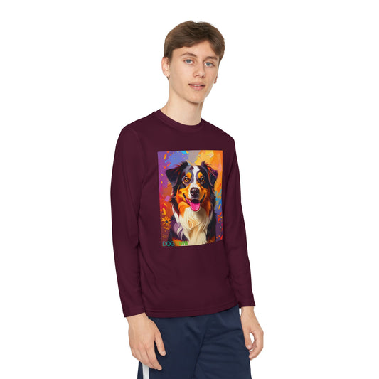 Pup Art Canvas - Kid's Sport Long Sleeve Tee (Australian Shepherd)