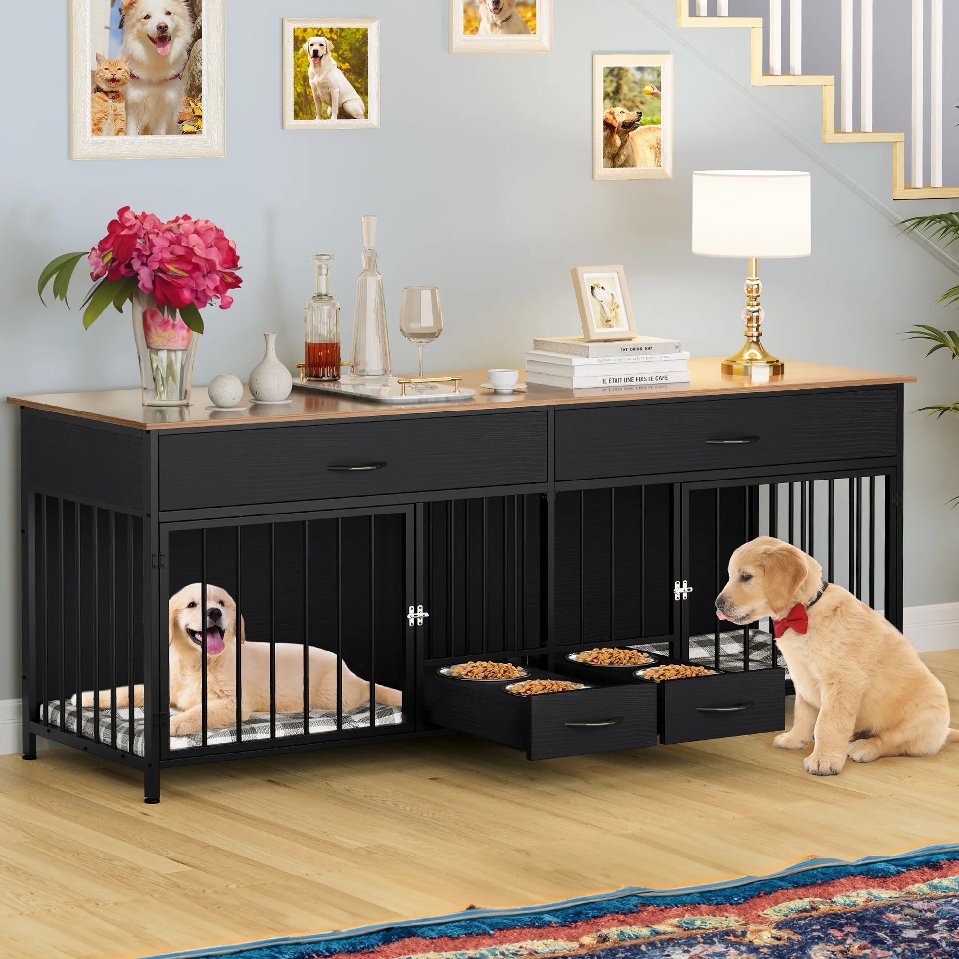 Double Dog Crate Furniture with Storage & Dog Feeder