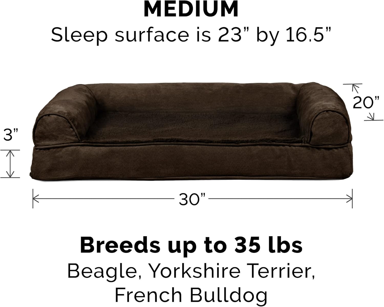 Cooling Gel Dog Bed w/ Removable Bolsters & Washable Cover, for Dogs up to 35 Lbs - Plush & Suede Sofa - Espresso, Medium