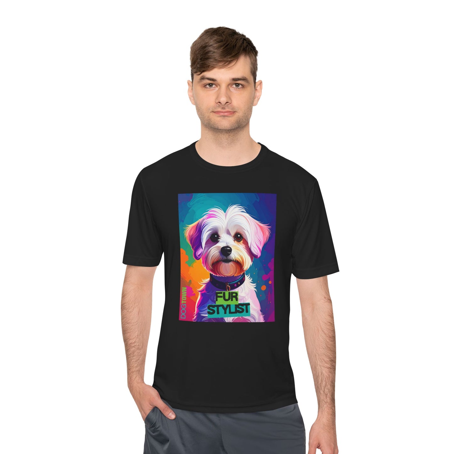 Dogtown Fur Stylist Groomer Shirt (Colorful with White Poodle)