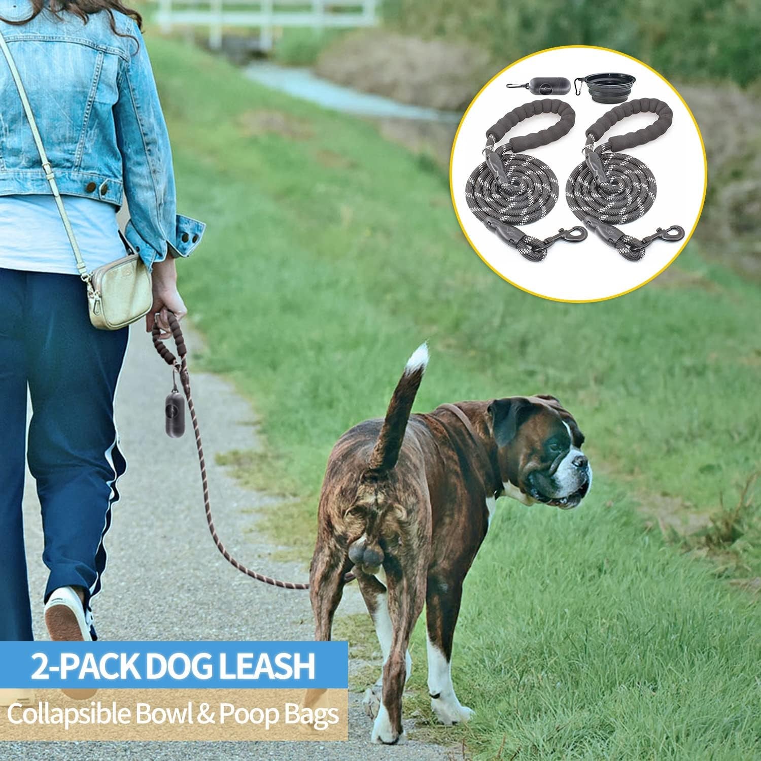2 Pack Dog Leash with Comfortable Padded Handle and Highly Reflective Threads 5'