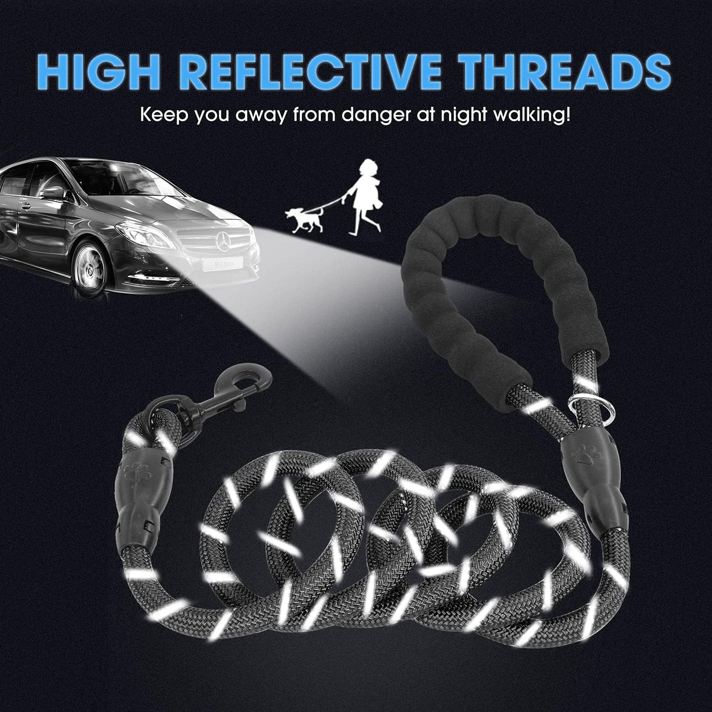 2 Pack Dog Leash with Comfortable Padded Handle and Highly Reflective Threads 5'