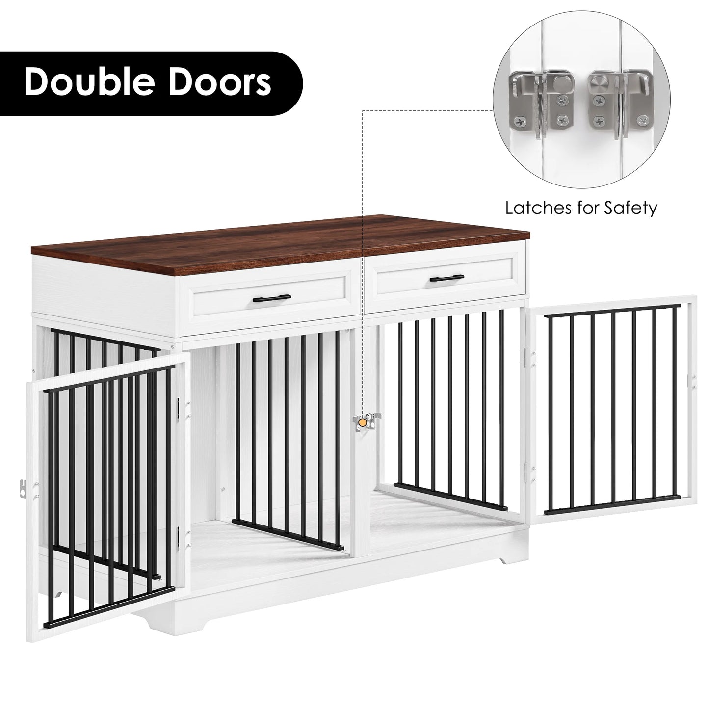 Dog Crate Furniture with 2 Drawers, 47.2 in Wooden Indoor Dog Cage Table with Divider, White