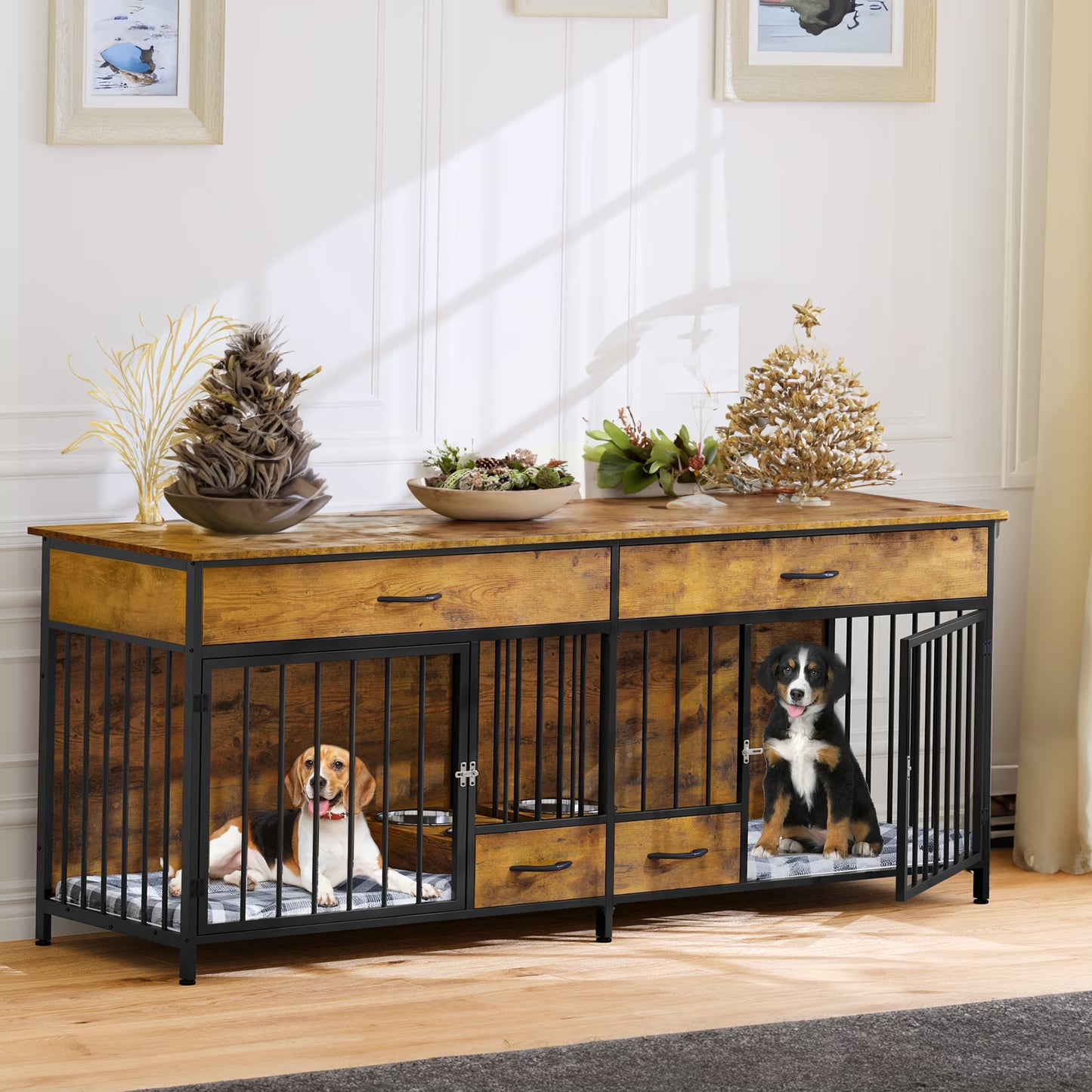 Dog Crate TV Stand with Feeder, 74.8" 