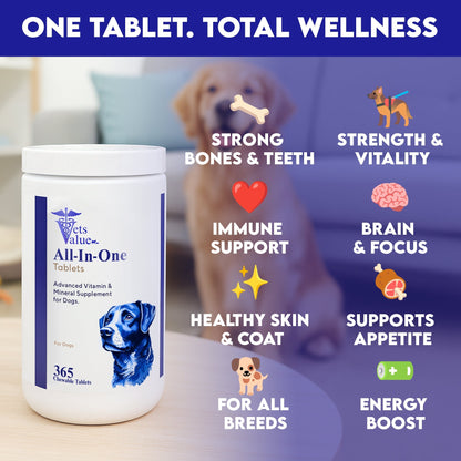 Vets Value All-in-One Dog Vitamins – 365 Chewable Tablets – Advanced Multivitamin & Mineral Supplement for Dogs – Supports Joints, Immunity, Skin & Coat – Daily Wellness for All Breeds