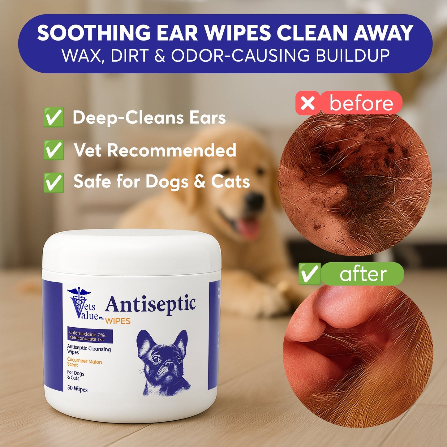 Value Ear Cleaning Wipes for Dogs & Cats | Alcohol-Free, Hypoallergenic Otic Cleanser with Soothing Aloe Vera – Gently Cleans, Helps Reduce Odor, Dirt & Irritation