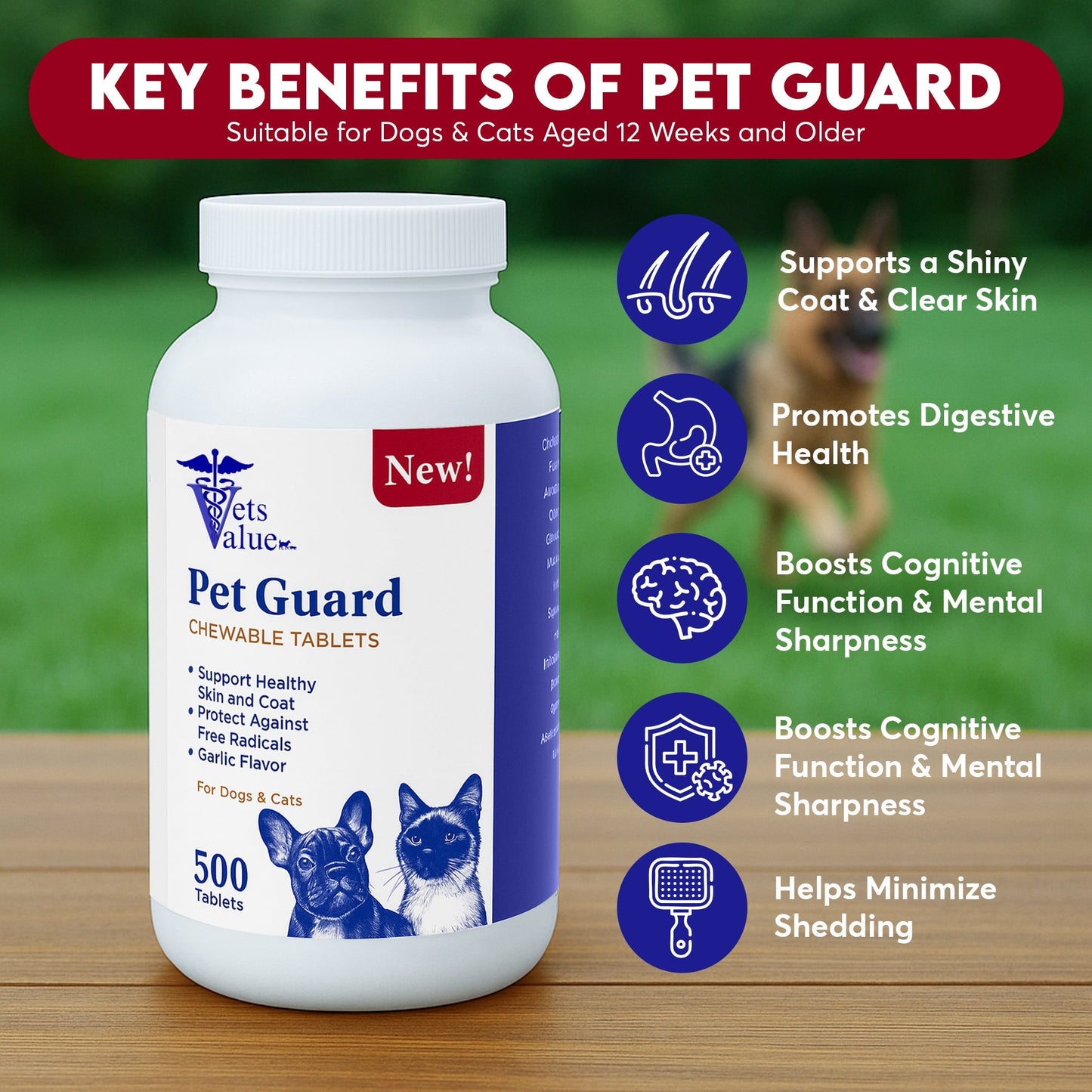 Pet Guard Chewable Tablets for Dogs and Cats – Helps Maintain Healthy Skin and Coat, Garlic Flavor - 500 Count- Natural Flea & Tick