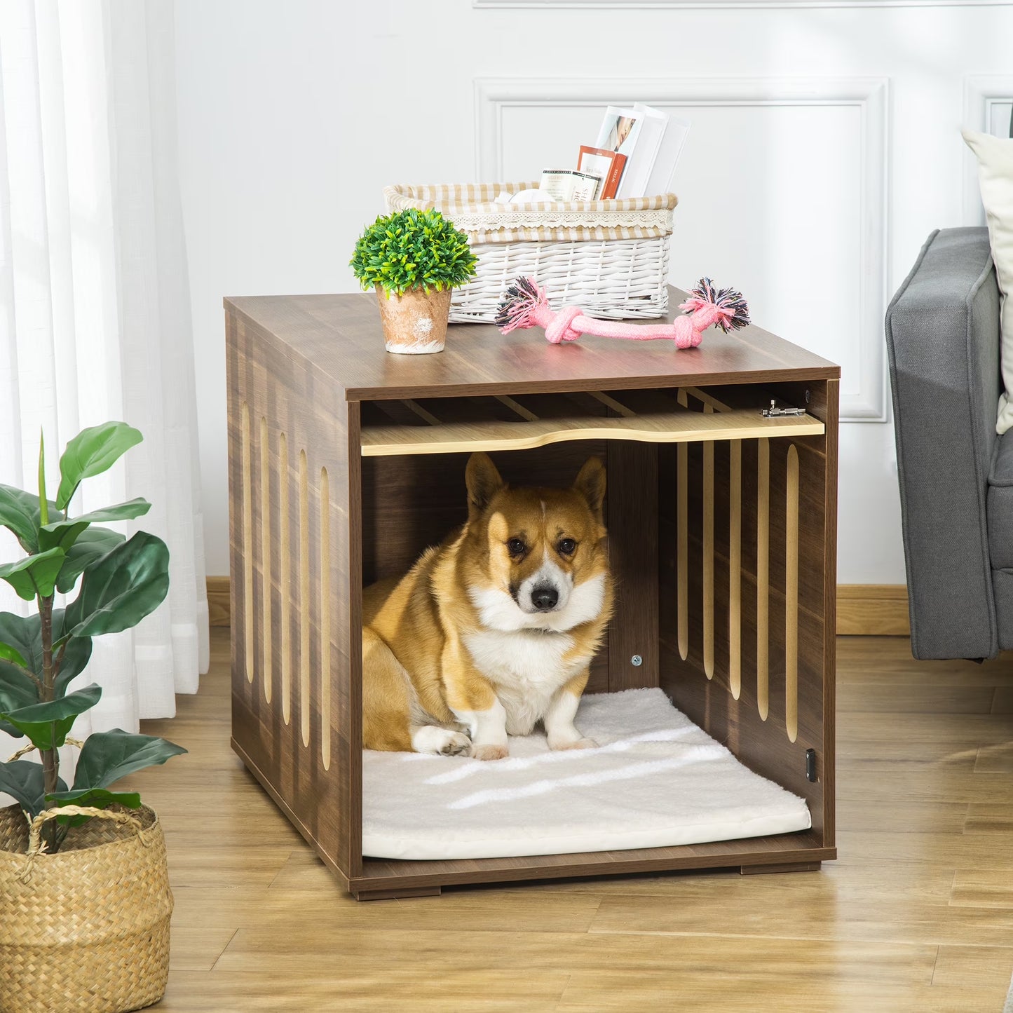 Dog Crate End Table with Soft Cushion for Small & Medium Dogs, Brown
