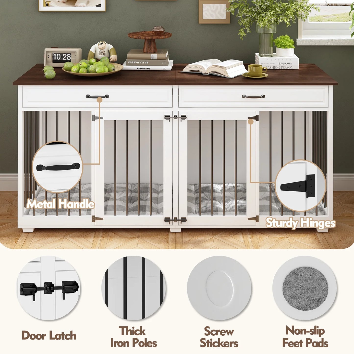 Large Double Dog Crate Furniture with Divider and 2 Drawers for 2 Dogs