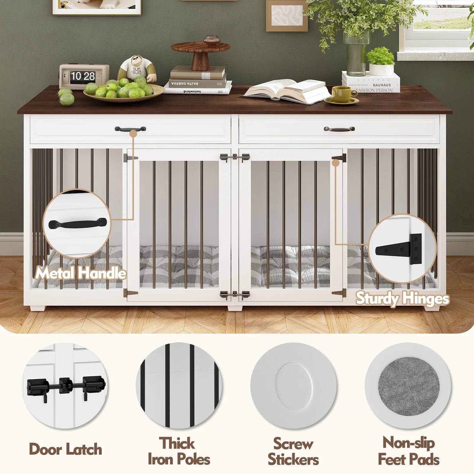 Large Double Dog Crate Furniture with Divider and 2 Drawers for 2 Dogs