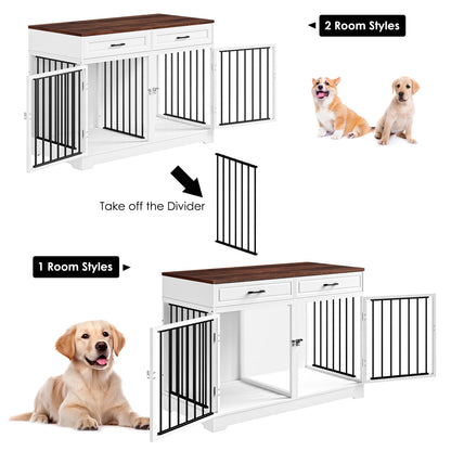 Dog Crate Furniture with 2 Drawers, 47.2 in Wooden Indoor Dog Cage Table with Divider, White