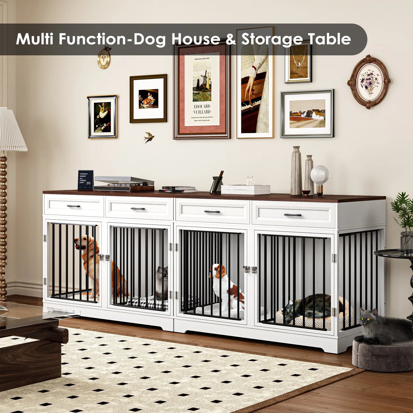 Dog Crate Furniture with 2 Drawers, 47.2 in Wooden Indoor Dog Cage Table with Divider, White