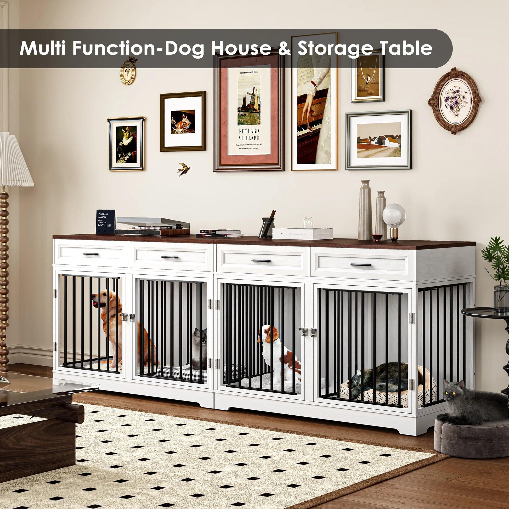 Dog Crate Furniture with 2 Drawers, 47.2 in Wooden Indoor Dog Cage Table with Divider, White