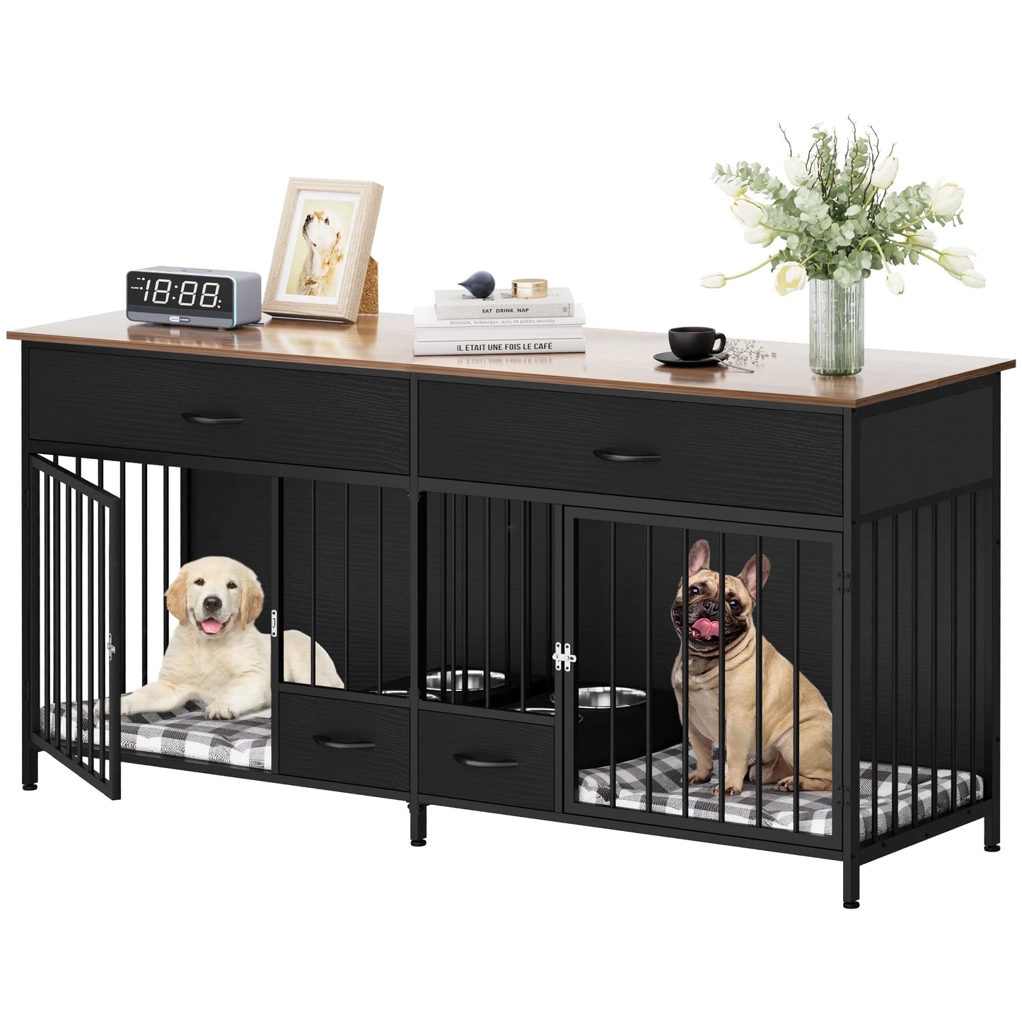 Double Dog Crate Furniture with Storage & Dog Feeder