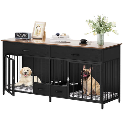 Double Dog Crate Furniture with Storage & Dog Feeder