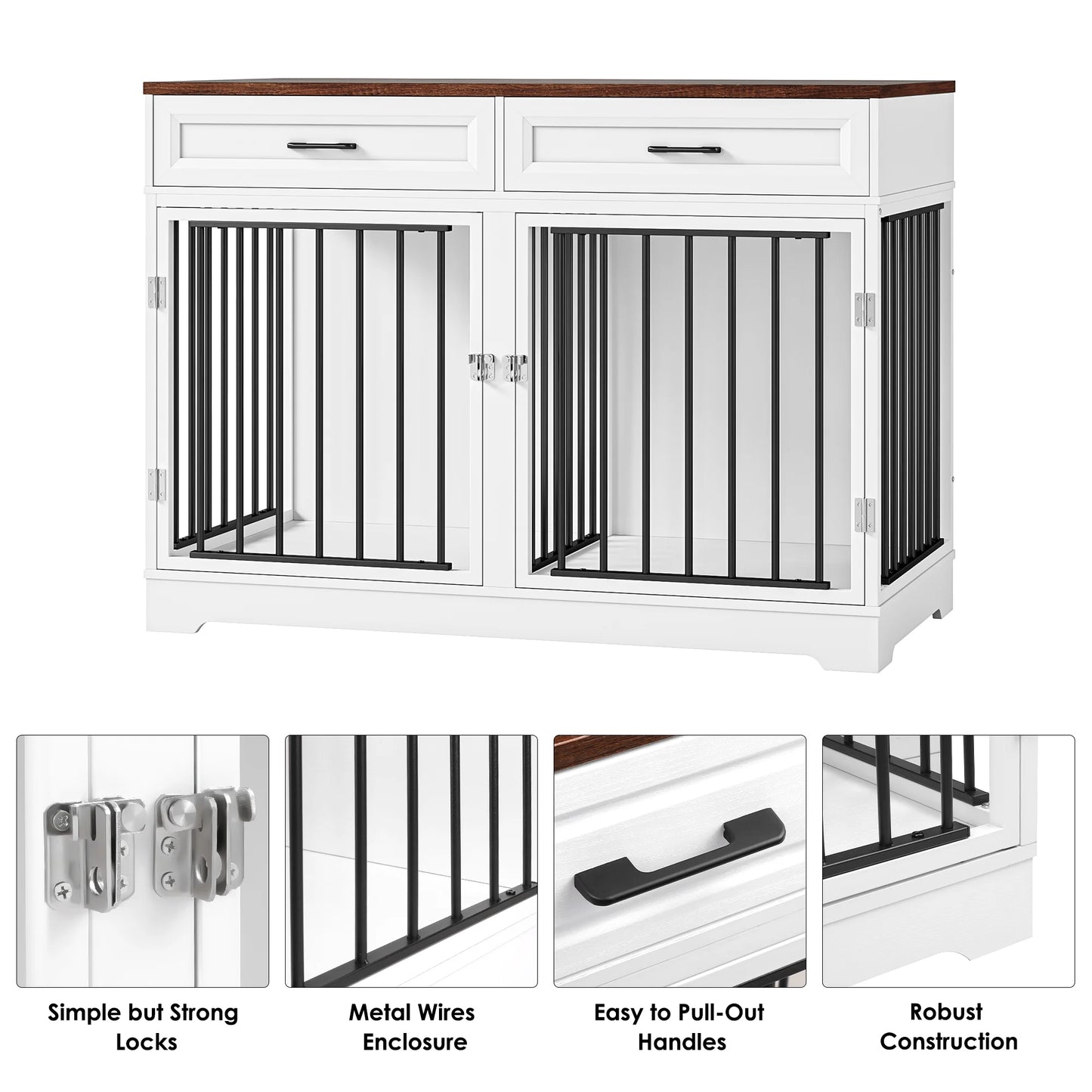 Dog Crate Furniture with 2 Drawers, 47.2 in Wooden Indoor Dog Cage Table with Divider, White