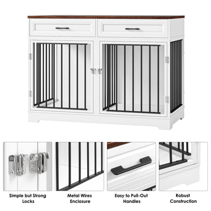 Dog Crate Furniture with 2 Drawers, 47.2 in Wooden Indoor Dog Cage Table with Divider, White