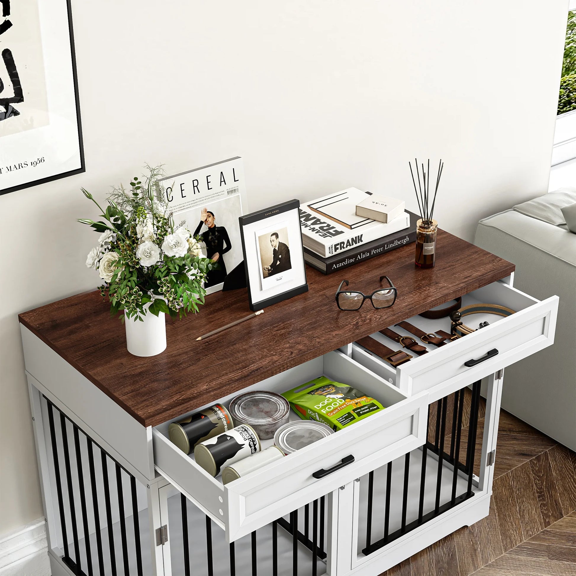 Dog Crate Furniture with 2 Drawers, 47.2 in Wooden Indoor Dog Cage Table with Divider, White