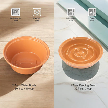 Dog Bowl Stand with 3 Ceramic Bowls - Raised Feeding Station for Medium & Large Dogs, Includes 2 Standard Bowls + 1 Slow Feeder, Durable Iron Frame, Non-Slip (Almond)